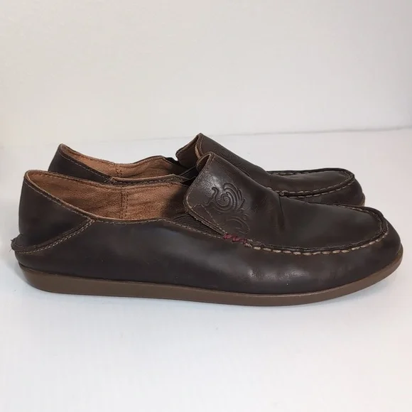 OluKai Dark Brown Leather Slip-On Loafers Size 8 Contract Stitching Drop Back - Picture 4 of 11